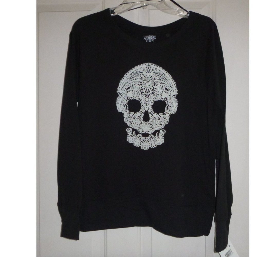 Womens Flocked SUGAR SKULL Day of the Dead Crewneck Sweatshirt Size Small NWT